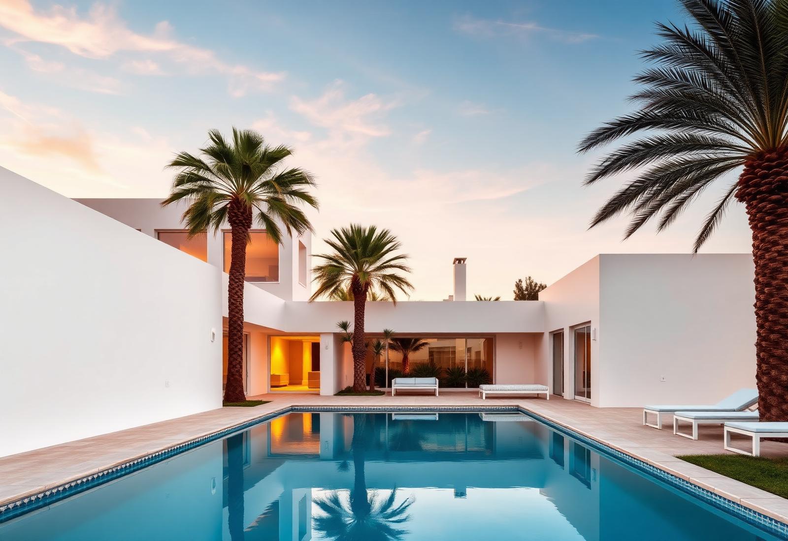 Mediterranean villa with pool at golden hour